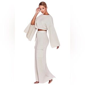House of CB McKenzie Oatmeal Ribbed Knit Wide Leg Utility Trousers Size XS
